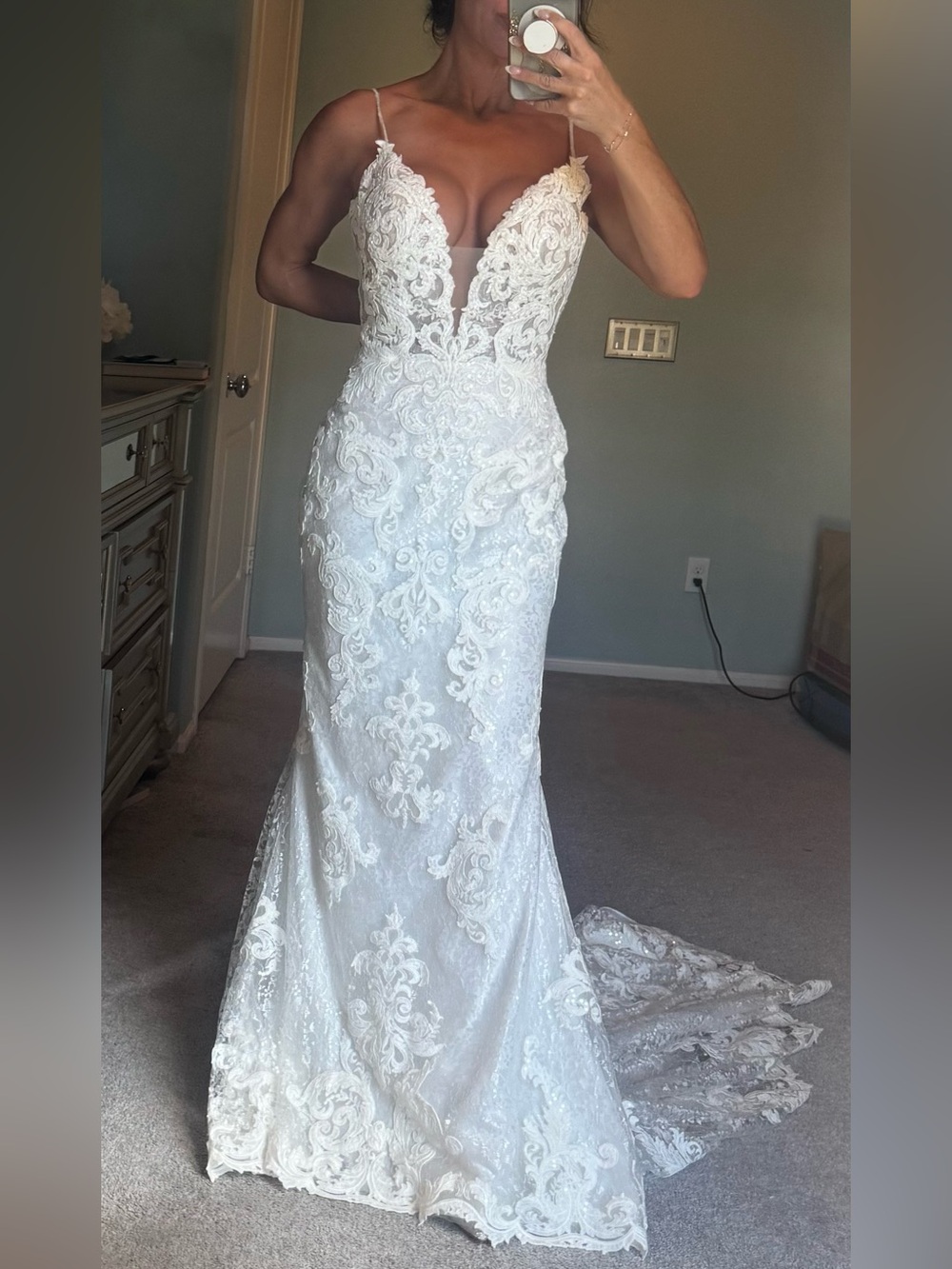 Maggie Sottero Tuscany Lynette White Lace Mermaid Dress with Plunging V-Neck - Picture 5 of 5